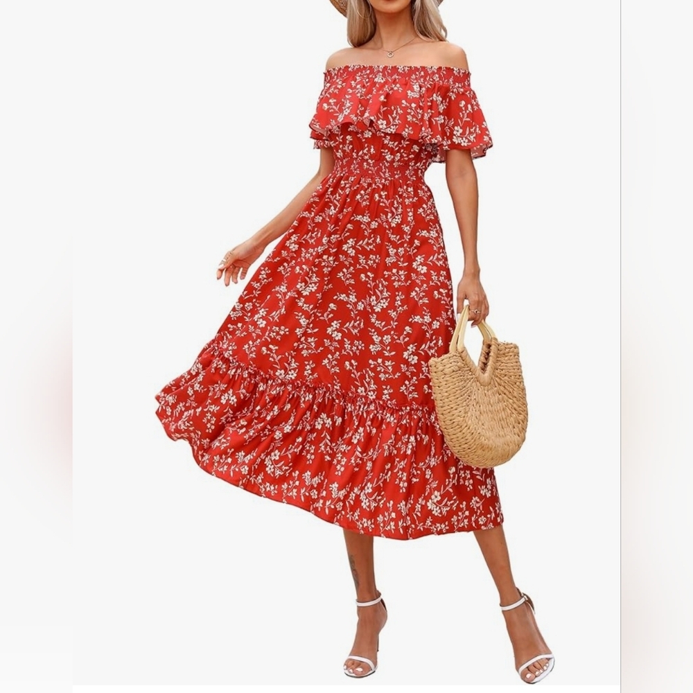 NWT Women Boho Off Shoulder Midi Dress Floral Short Sleeve Size Large